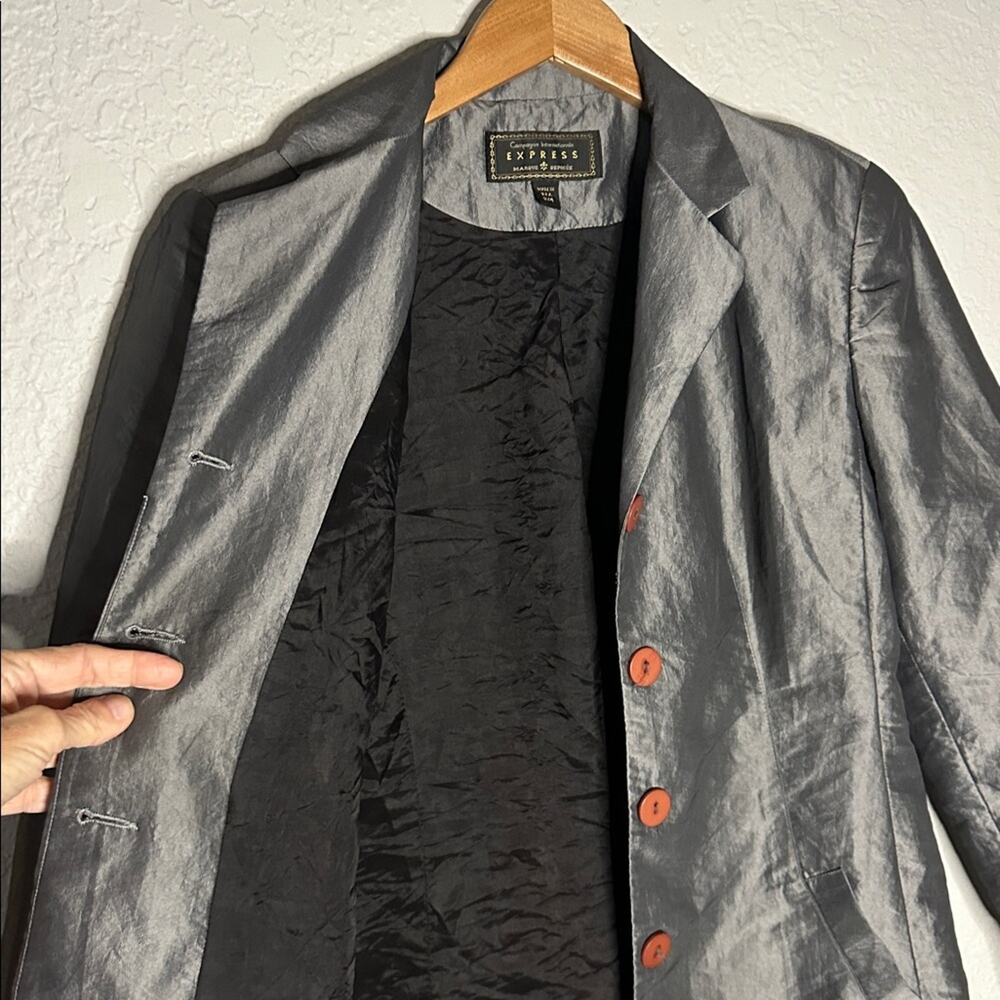 Vintage Express Silver Trench Coat Pockets Nylon Shimmer Y2K Glam Small - Picture 6 of 10